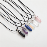 Woven leather pendant with stone carved in the shape of crystal (6 colors to choose from)
