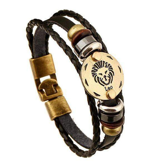 Bracelet en cuir tissé signe du zodiaque : Lion (du 23 juillet au 22 août)-Bracelet-Pause Karma